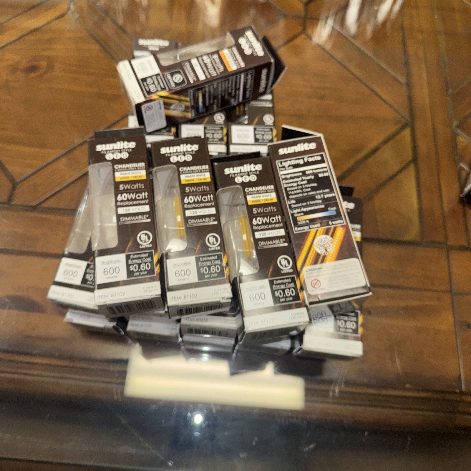 Six pack of Sunlite Chandelier 5 Watt 120v LED bulbs producing 600 lumens soft white light in packaging
