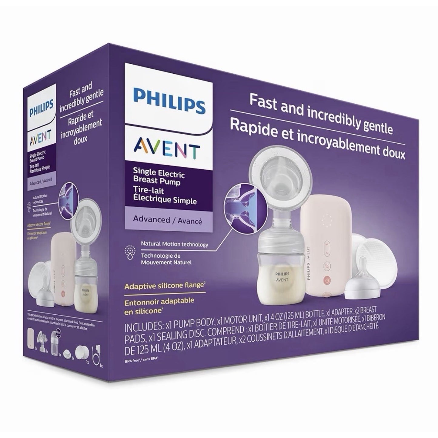 Purple box packaging of a Philips Avent single electric breast pump set showing the pump body, motor unit, bottle, adapter, breast pads, and sealing disc with product features and multilingual text.