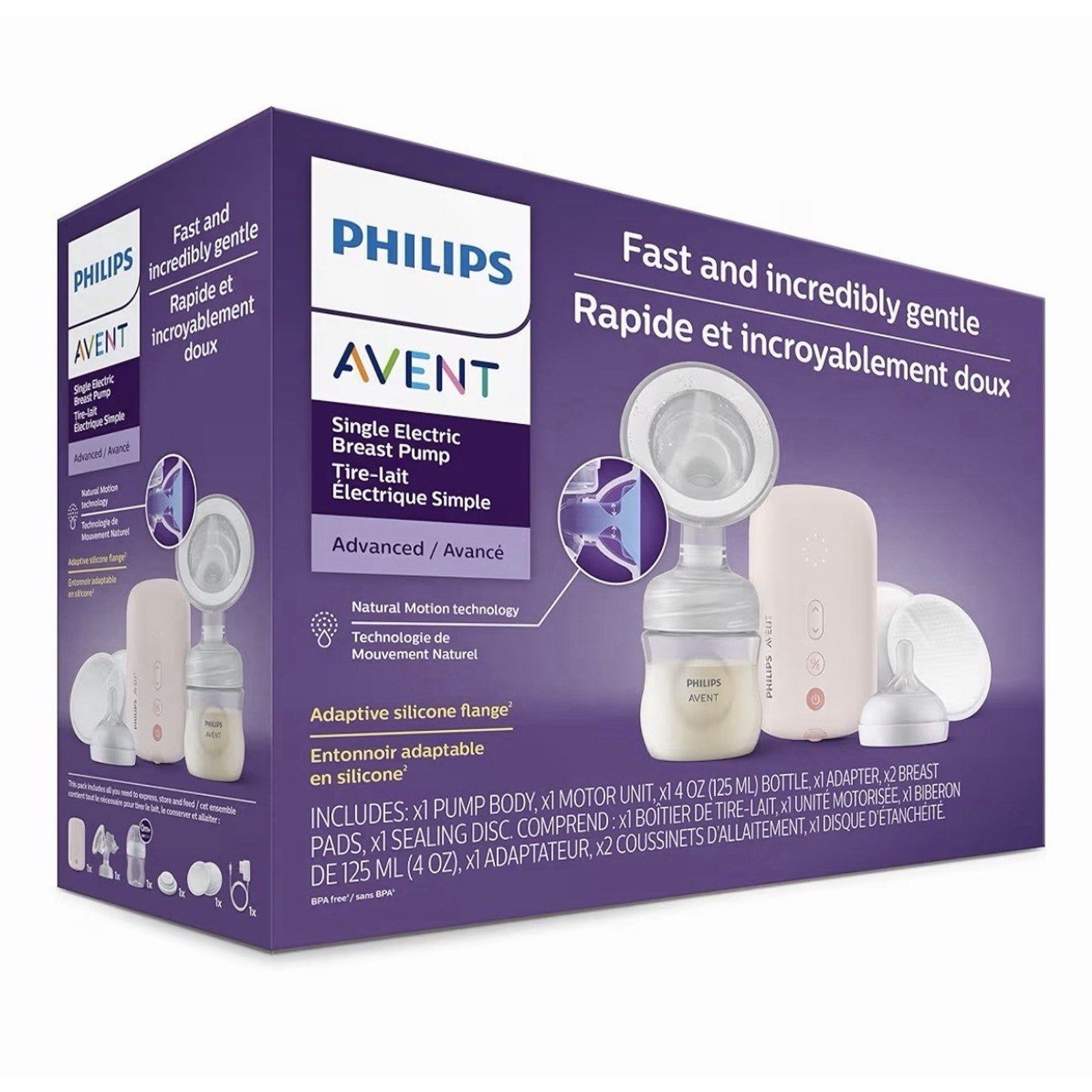 Purple box packaging of a Philips Avent single electric breast pump set showing the pump body, motor unit, bottle, adapter, breast pads, and sealing disc with product features and multilingual text.