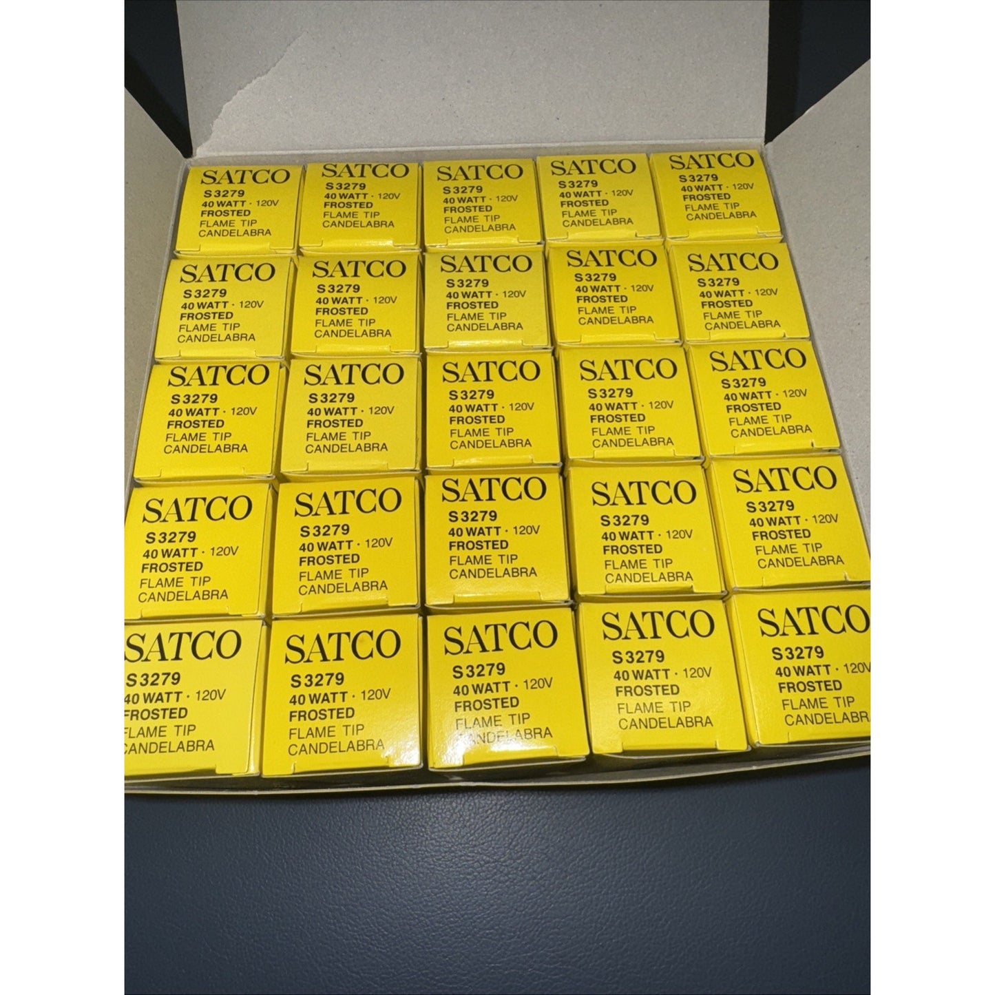 Pack of 25 Satco S3279 40W 120V frosted flame tip candelabra base light bulbs in yellow boxes