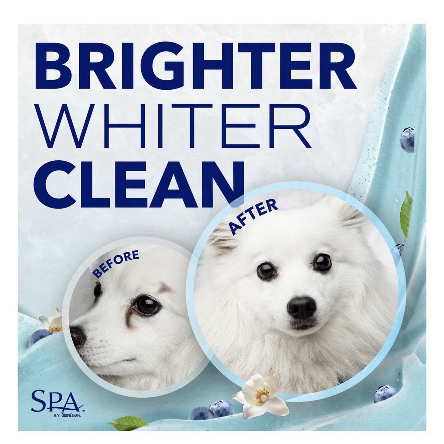 Comparison image showing a white dog before and after grooming, highlighting a visibly brighter and cleaner coat against a light blue and white background with floral accents.