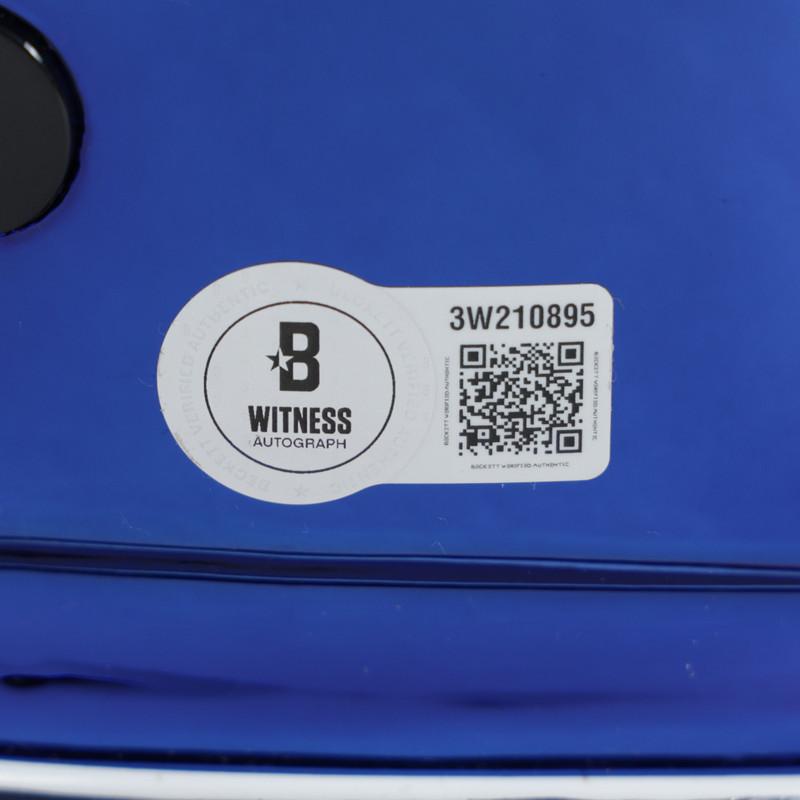 Beckett Witness Autograph certification sticker with QR code and serial number 3W210895 on blue helmet surface