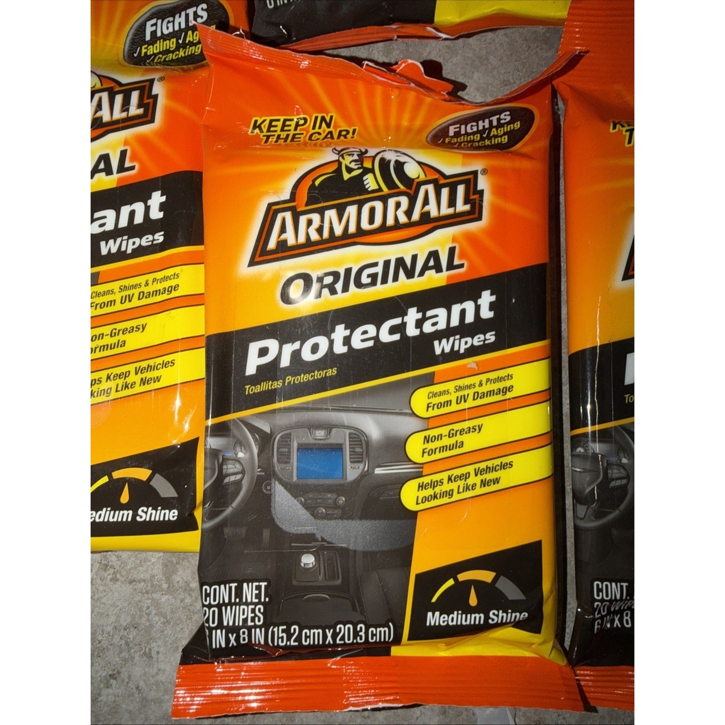 Single package of Armor All Original Protectant Wipes with bright orange and black packaging, highlighting features like UV protection, non-greasy formula, and medium shine finish.