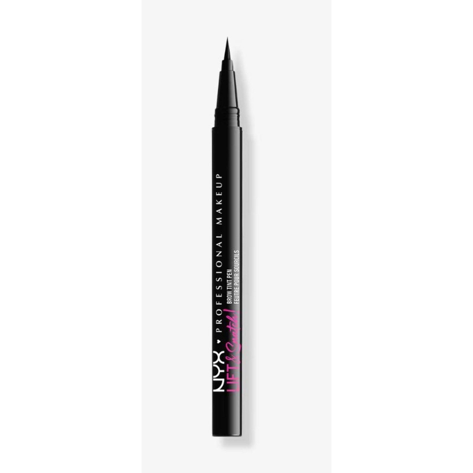Black felt-tip liquid eyeliner pen with a fine pointed tip and white and pink branded text printed vertically on the sleek cylindrical body.