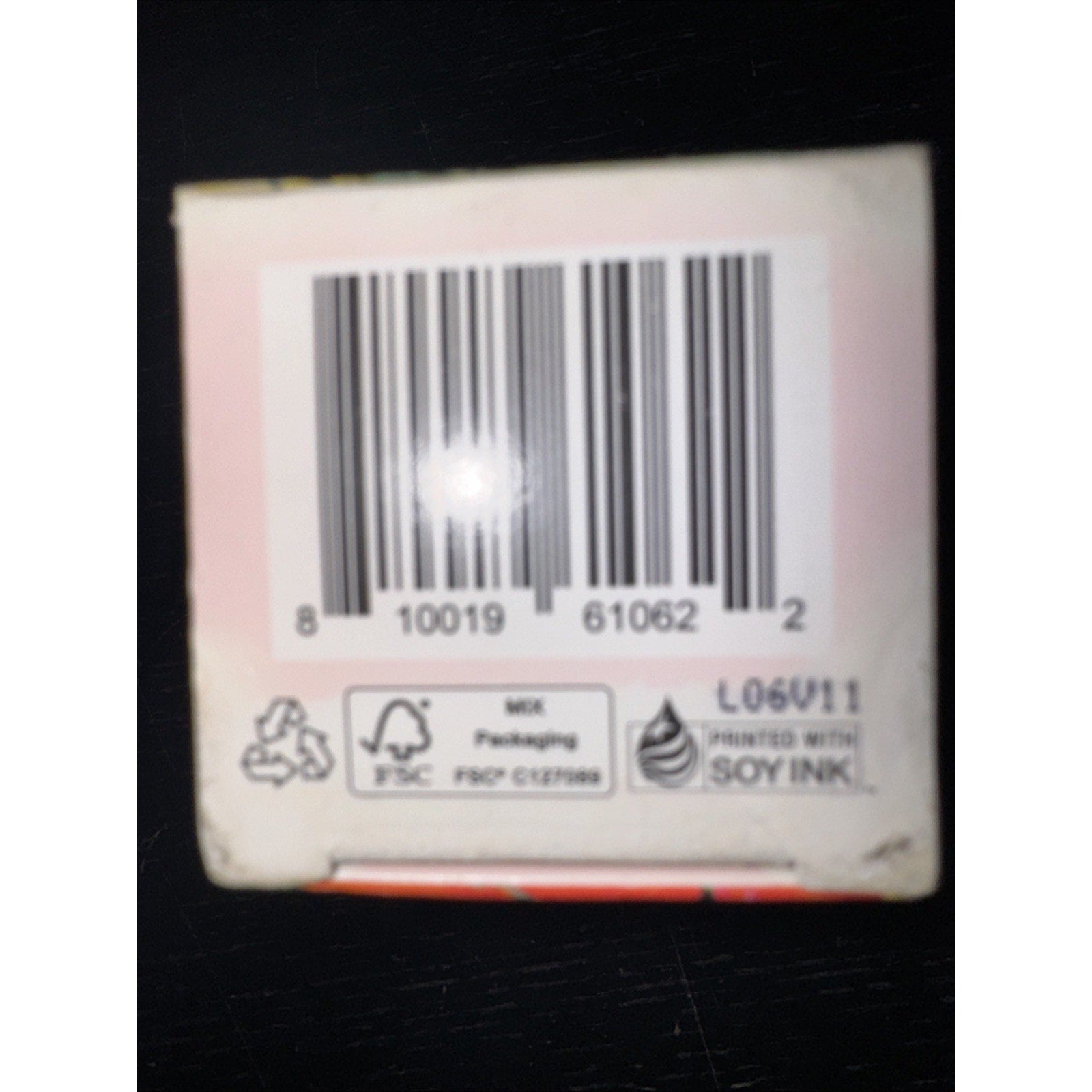 Barcode and recycling symbols on packaging of Good Molecules Hyaluronic Acid Serum box with soy ink print label