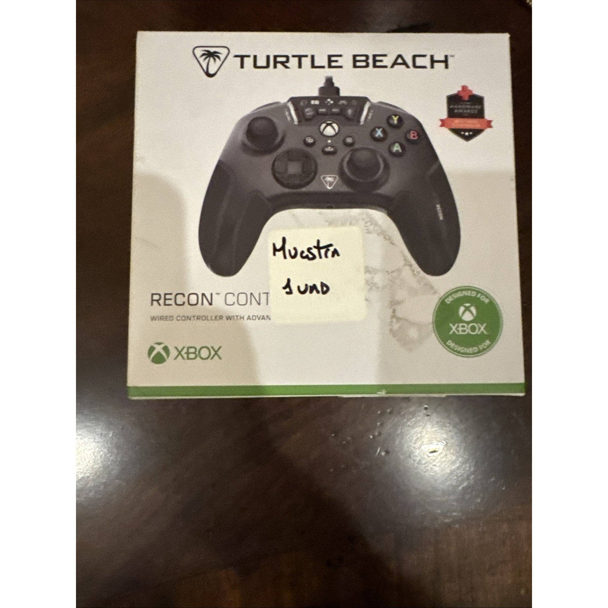 Turtle Beach Recon wired controller for Xbox Series X/S in black shown in retail box with Xbox branding and sticker label