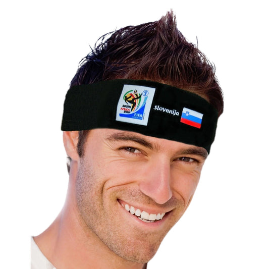 Smiling man wearing a black headband displaying the 2010 FIFA World Cup South Africa logo, the Slovenian flag, and "slovenija" text on a white background.