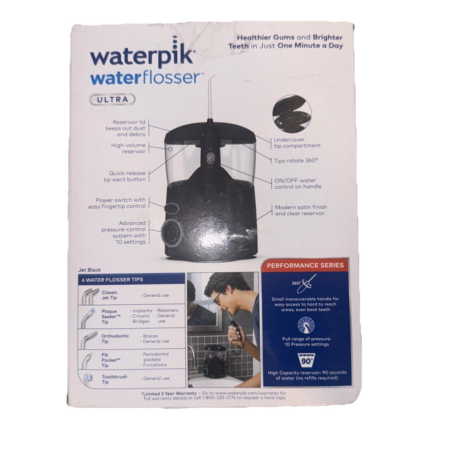 Waterpik Ultra water flosser with black reservoir, 10 pressure settings, 6 tips, and performance series features on packaging
