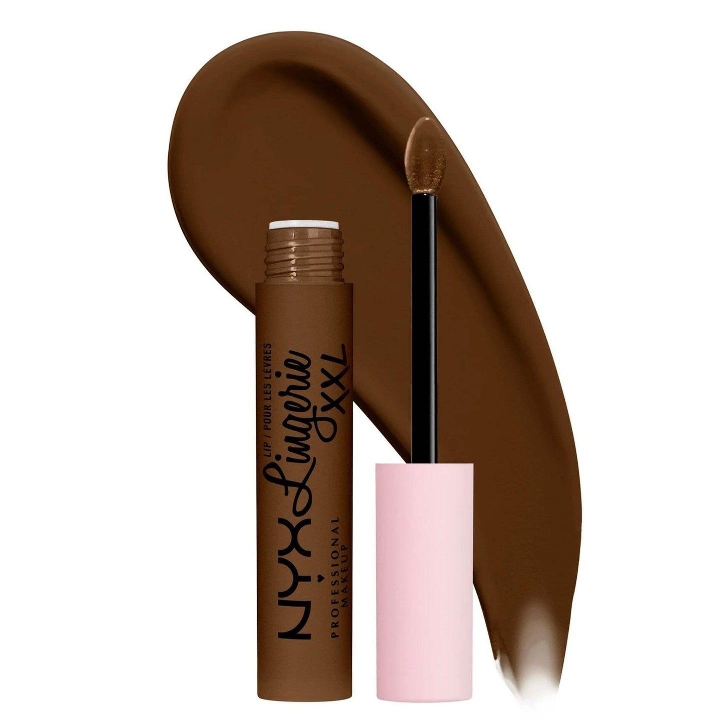 Open tube of deep brown liquid lipstick with a doe-foot applicator beside a smooth swatch of the same rich chocolate shade on a white background.