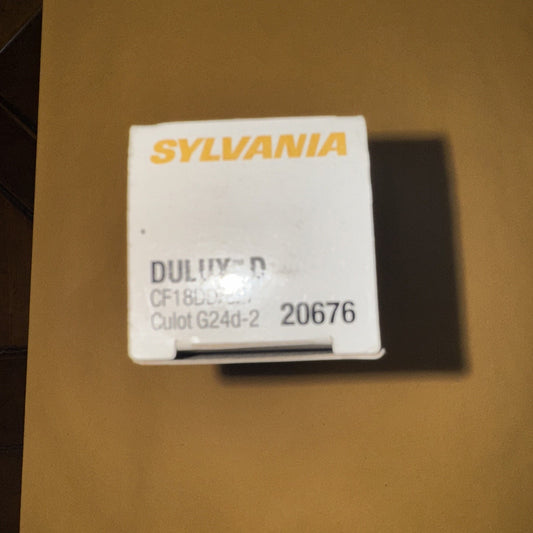 Sylvania CF18DD/827 T4 CFL 2-pin light bulb box showing model and base type on white packaging