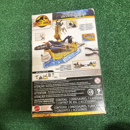 Back packaging of Mattel Jurassic World Dominion Minis Mosasaurus Mayhem Playset showing features and contents details