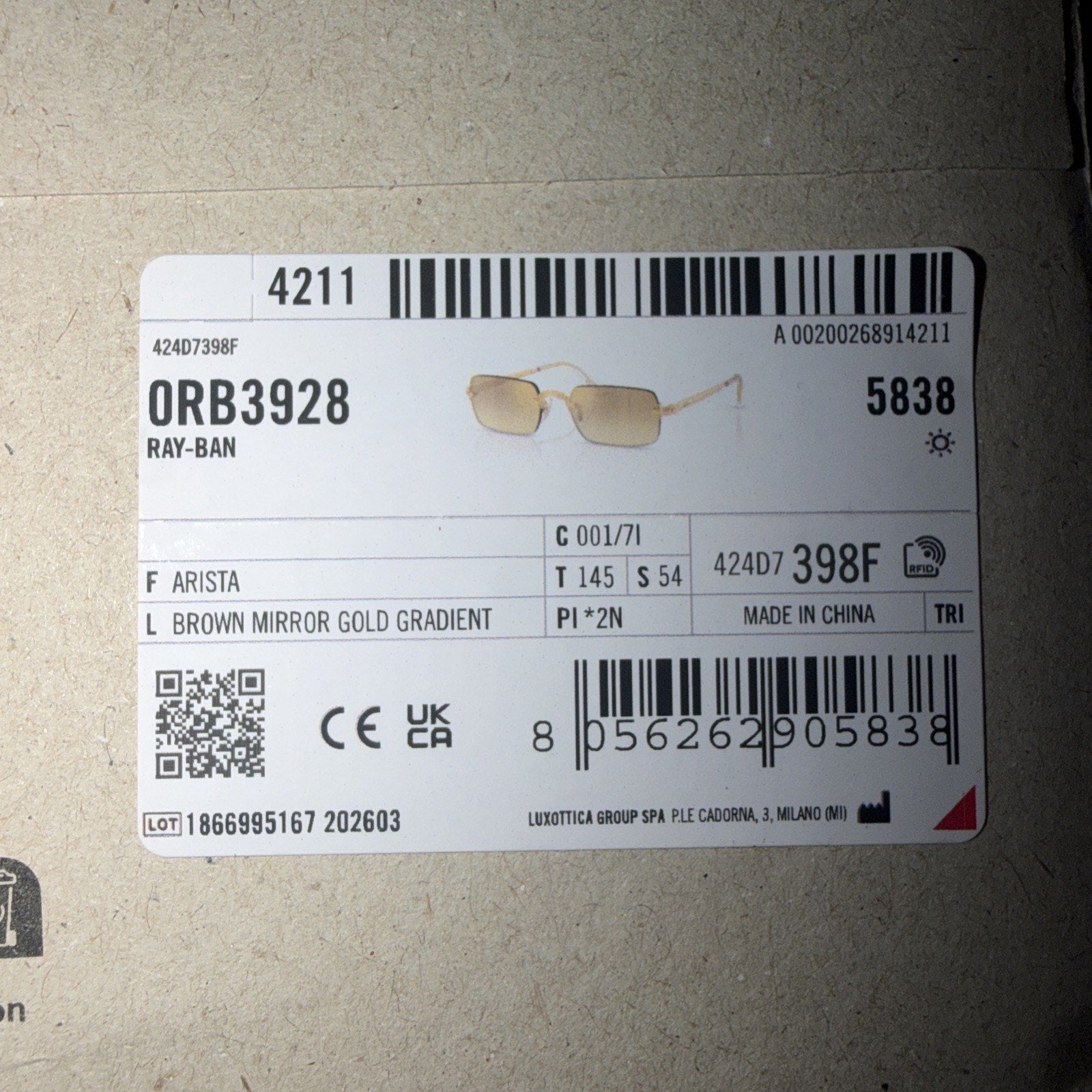 Ray-Ban RB3928 001/7I Arista Gold Brown Mirror Sunglasses 54mm