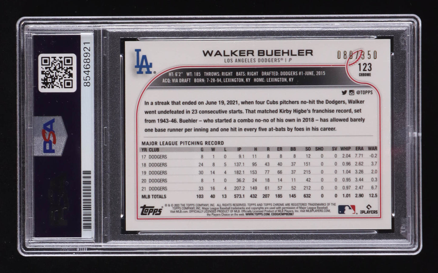 Walker Buehler Signed 2022 Topps Chrome Magenta Speckle #123 #88/350 (PSA) Serially Numbered #88 / 350, Sports Card