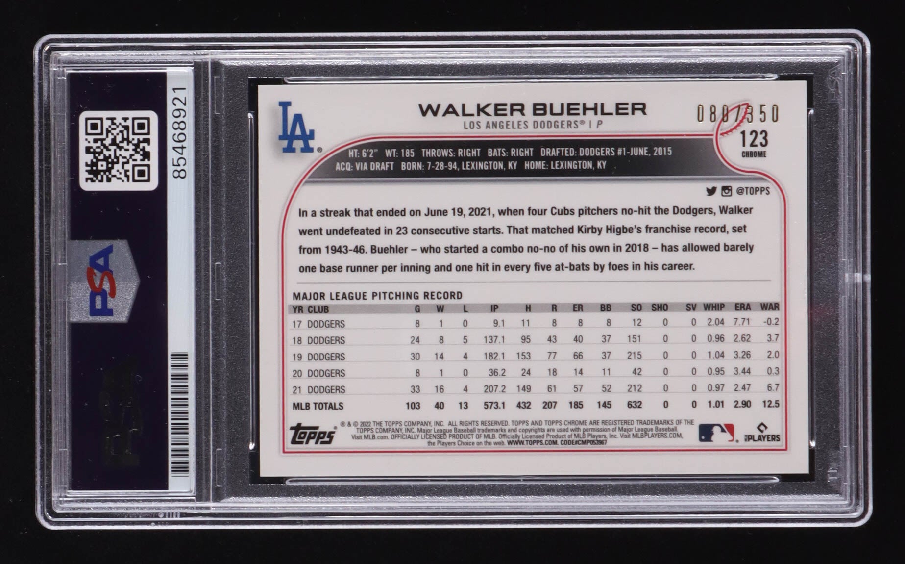 Walker Buehler Signed 2022 Topps Chrome Magenta Speckle #123 #88/350 (PSA) Serially Numbered #88 / 350, Sports Card
