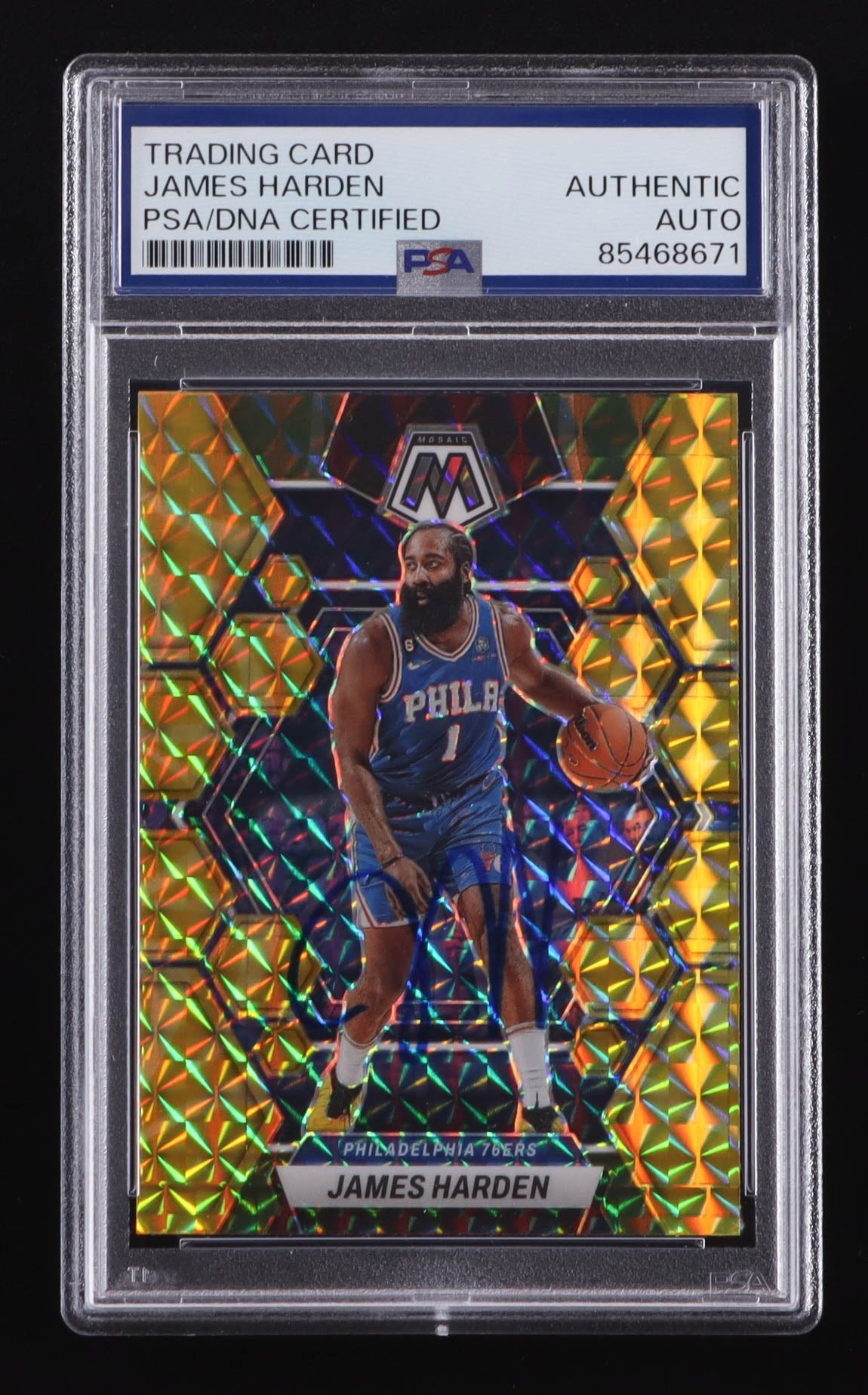 James Harden Signed 2022-23 Panini Mosaic Reactive Yellow #55 (PSA), Sports Card (view 2)