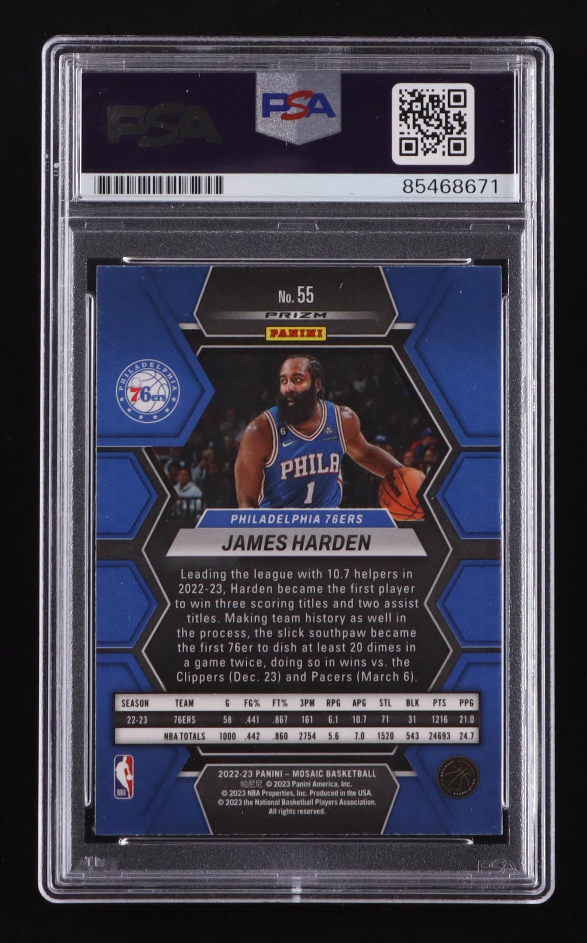 James Harden Signed 2022-23 Panini Mosaic Reactive Yellow #55 (PSA), Sports Card