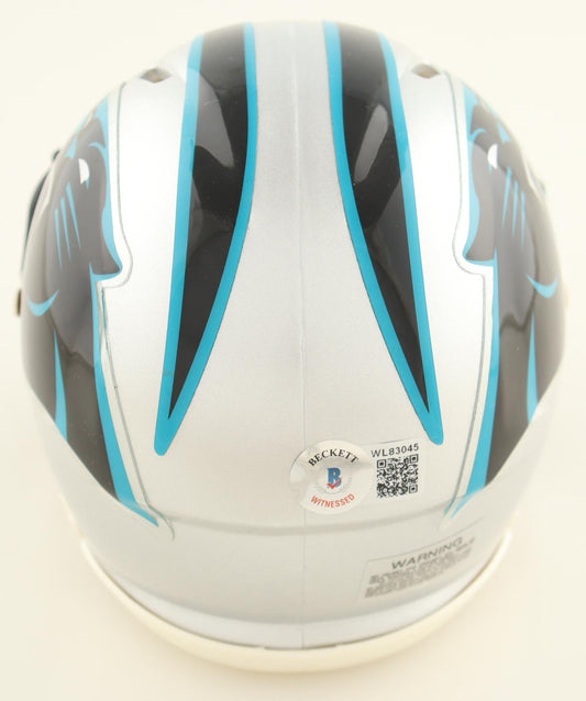 Carolina Panthers Speed mini helmet rear view with Beckett Witnessed authentication sticker and serial number visible