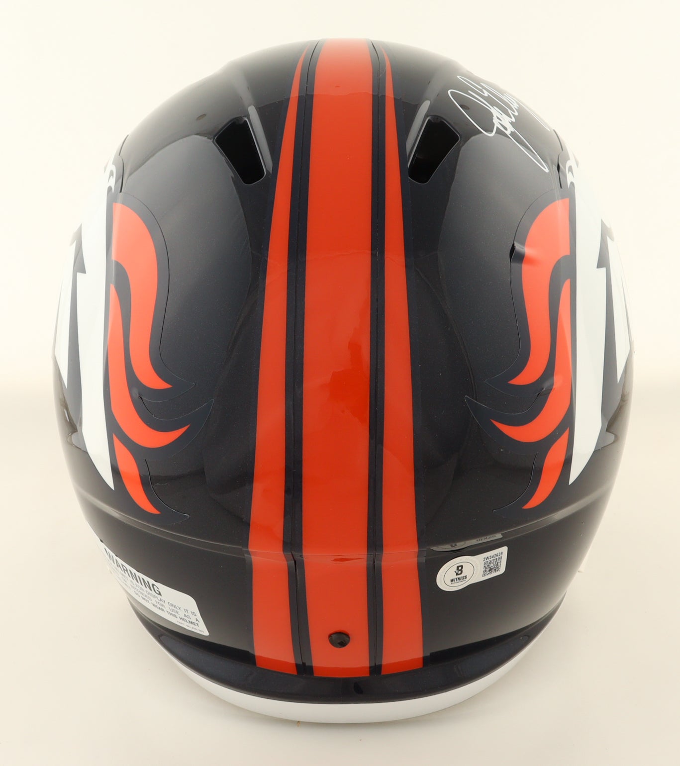 Denver Broncos full-size speed helmet signed by John Elway with Beckett Authentication hologram visible on back