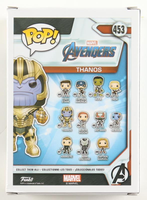 Back of Avengers Funko Pop box showing Thanos figure and lineup including Iron Man, Captain America, Hulk, and others