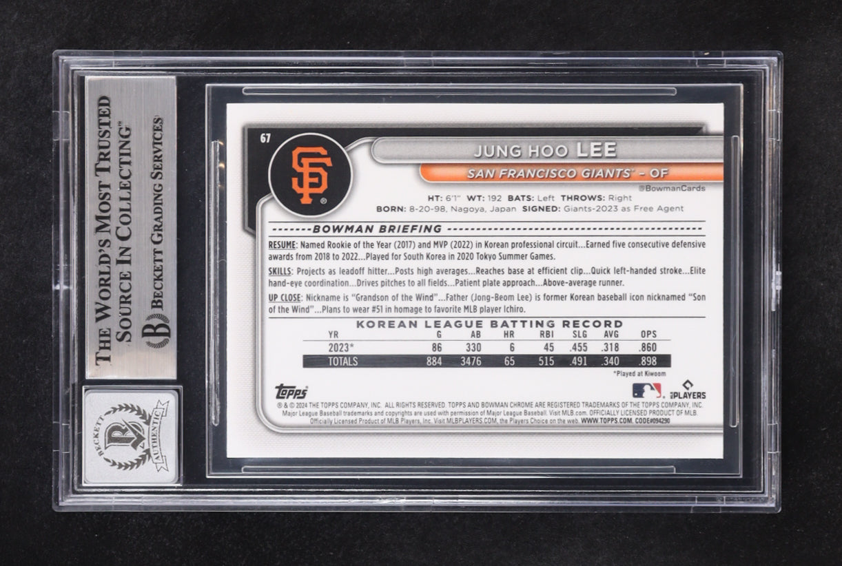 Jung Hoo Lee 2024 Bowman Chrome Rookie Card #67 signed and graded BGS 10 with Beckett Witnessed authentication