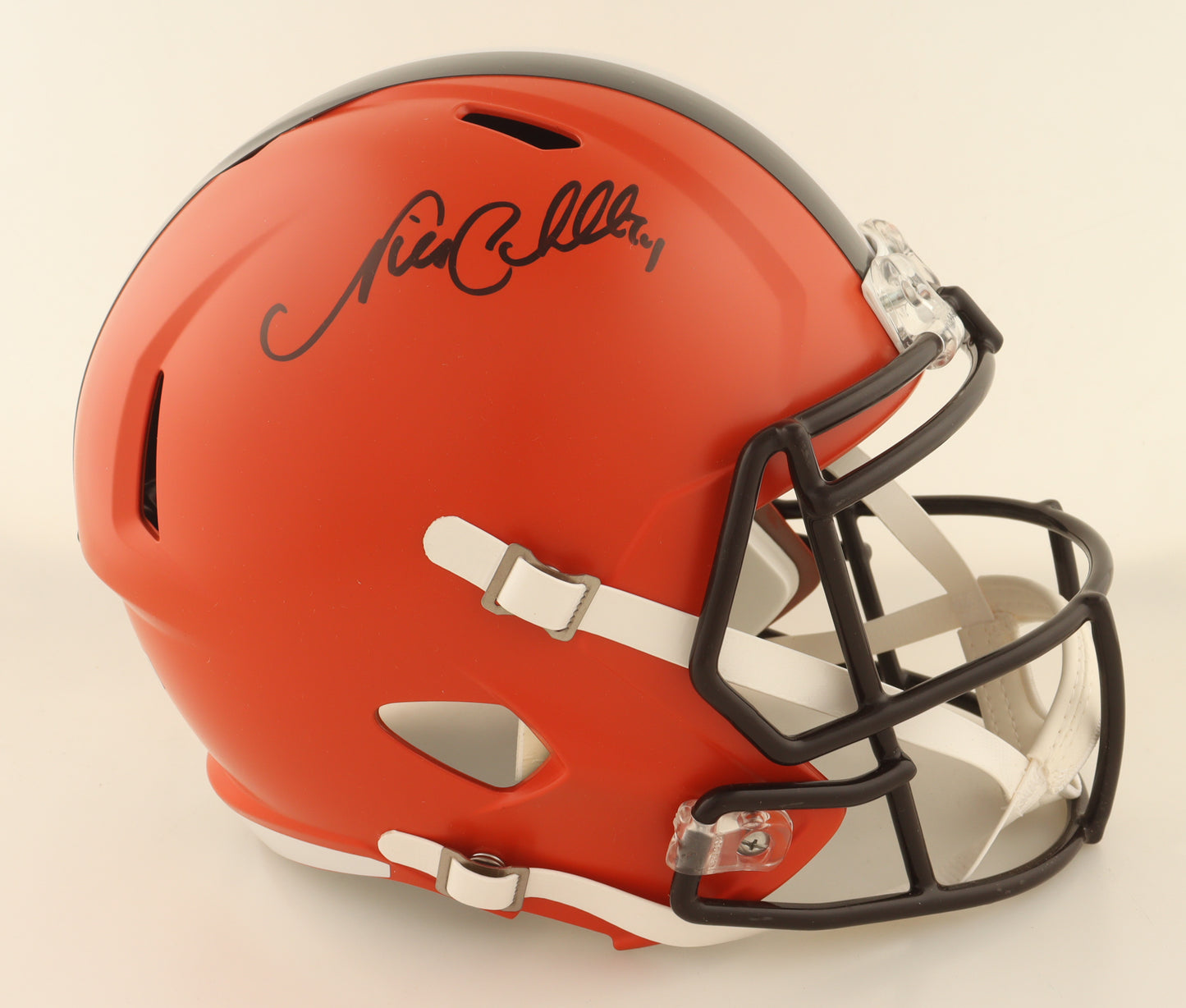 Cleveland Browns full-size speed helmet signed by Nick Chubb with Beckett Authentication Services hologram