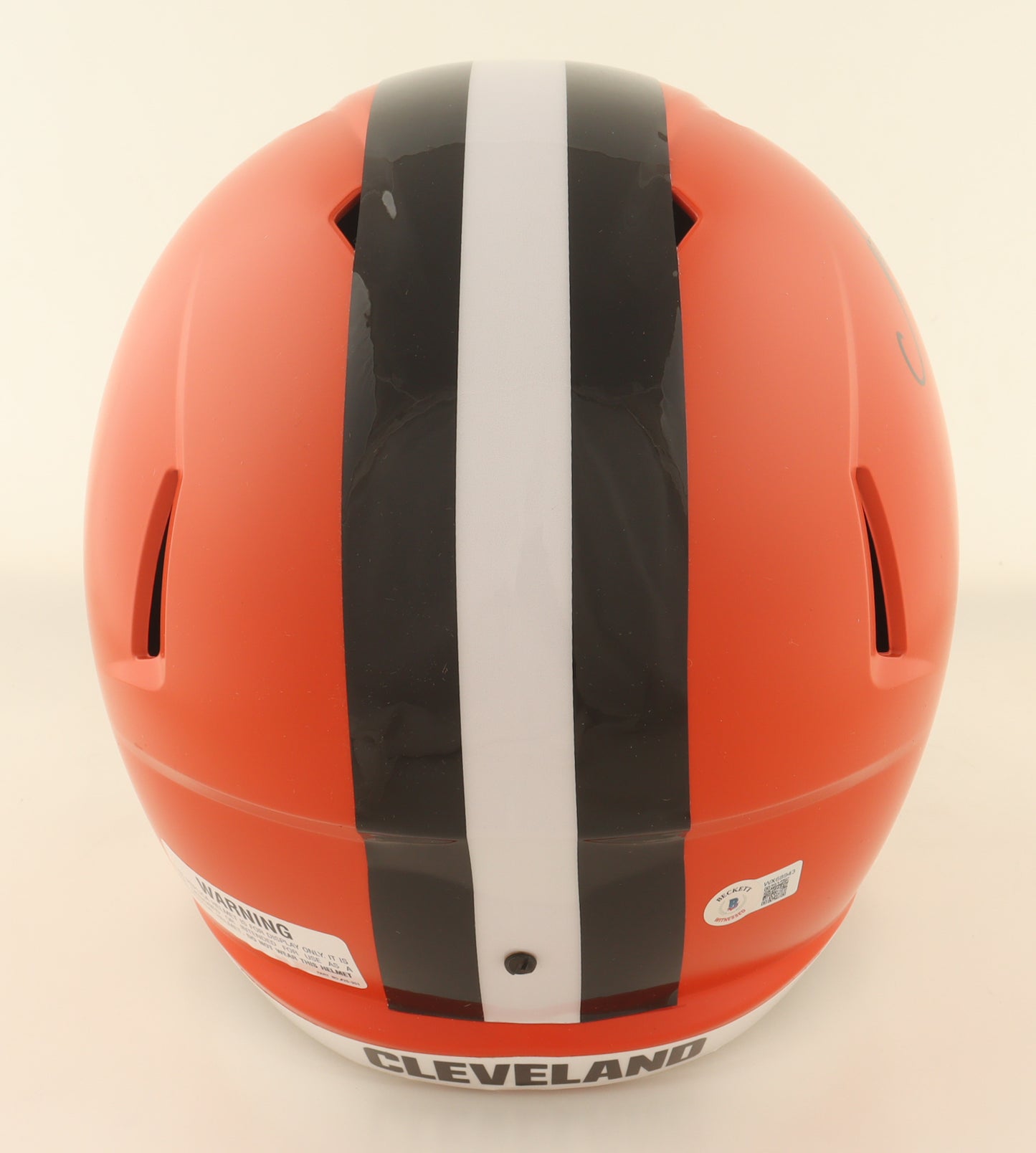 Rear view of Nick Chubb autographed Cleveland Browns full-size speed helmet with Beckett authentication sticker