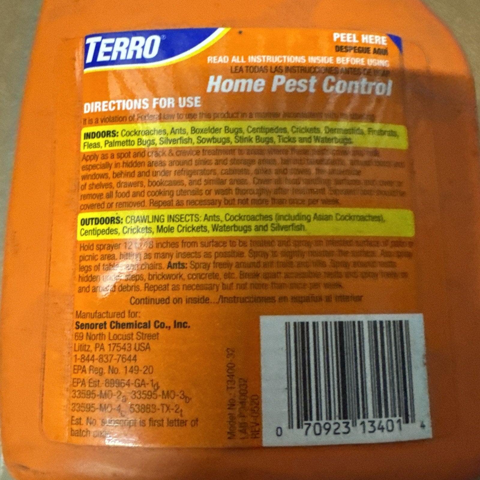 Terro T3400-32 Home Pest Control 32 oz orange insect spray for indoor and outdoor crawling pest control