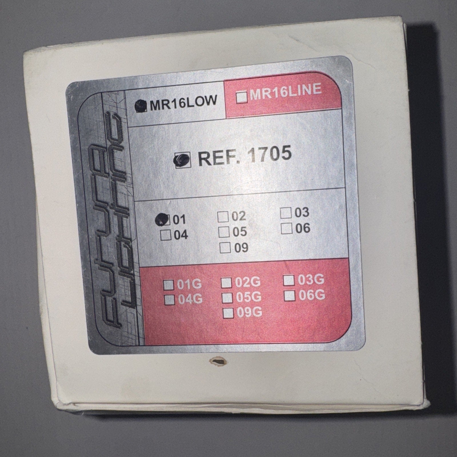 Futura Lighting MR16low recessed downlight body box showing product reference 1705 and model options on label