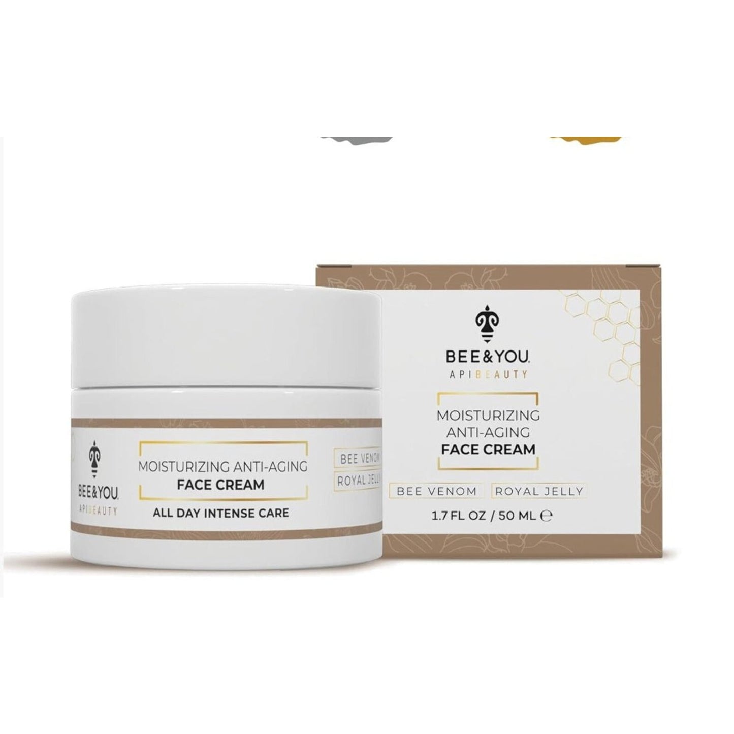 White jar and matching box of Bee & You Apibeauty moisturizing anti-aging face cream labeled with bee venom and royal jelly ingredients, designed for all-day intense care.