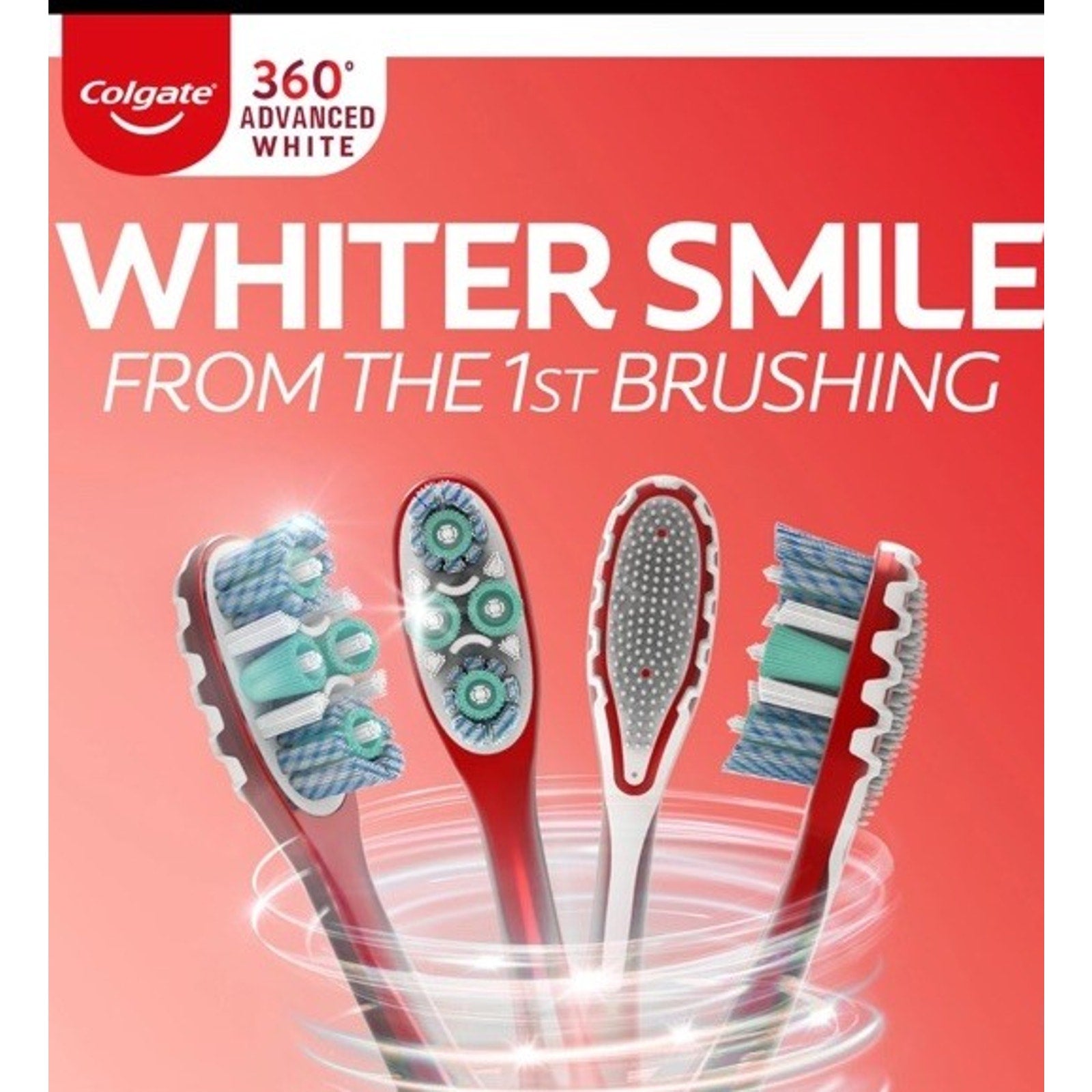 Colgate 360 Optic White Advanced medium toothbrush showing four close-up brush head designs on red background