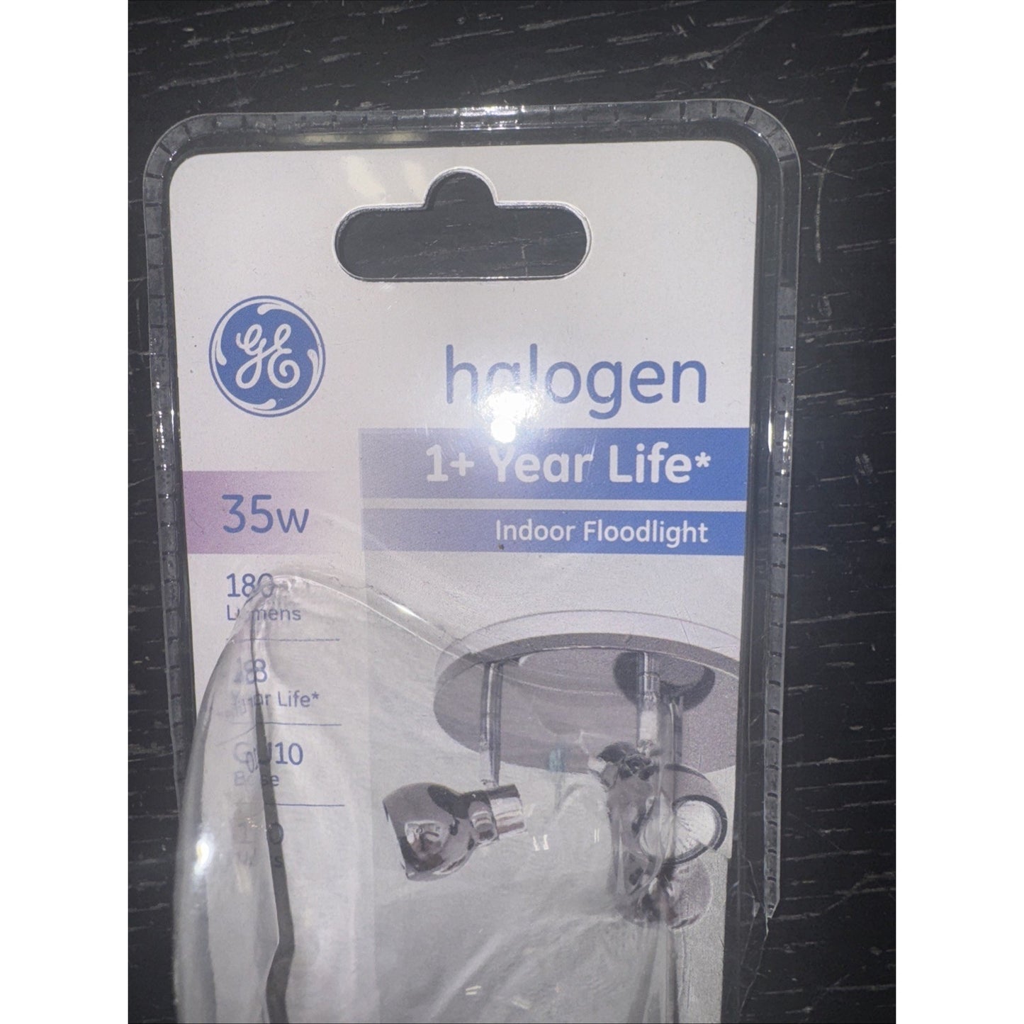 GE 61142 GU10 35W halogen indoor floodlight bulb with clear glass and 180 lumens brightness in retail packaging