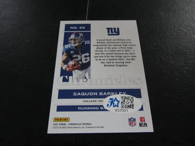 Saquon Barkley New York Giants Signed Trading Card FSG COA Panini