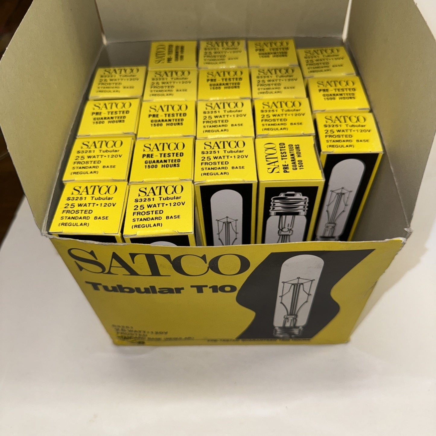 Lot of 20 SATCO S3251 tubular 25 watt 120V frosted standard base light bulbs in yellow and black packaging box