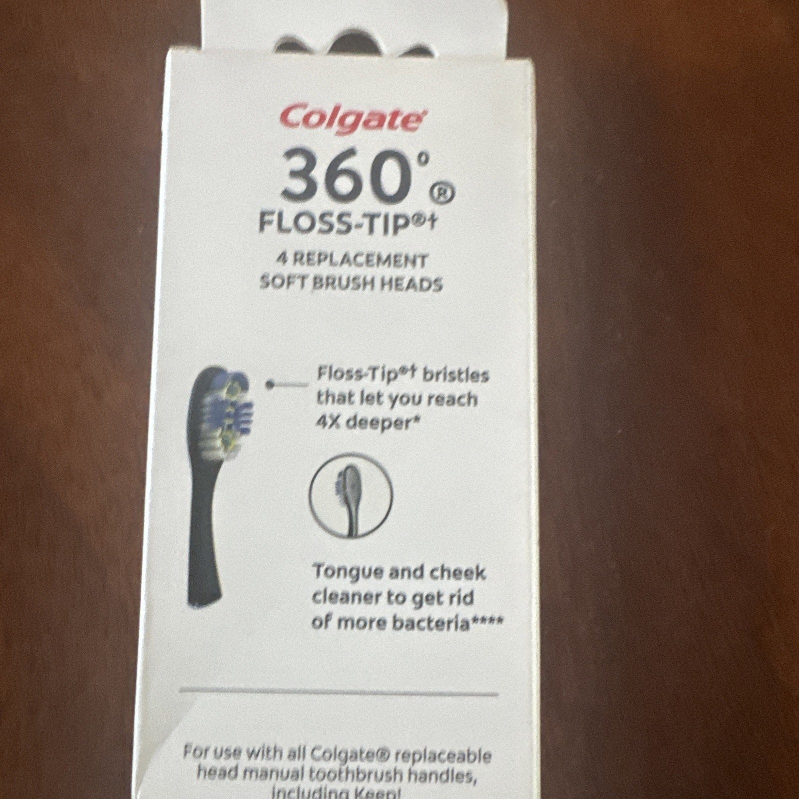 Colgate 360 Floss Tip soft replacement toothbrush heads package showing 4 brush heads with floss-tip bristles