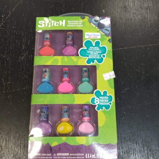 Stitch Nail Polish 8 pack in box with vibrant colors and cartoon character packaging displayed on black surface