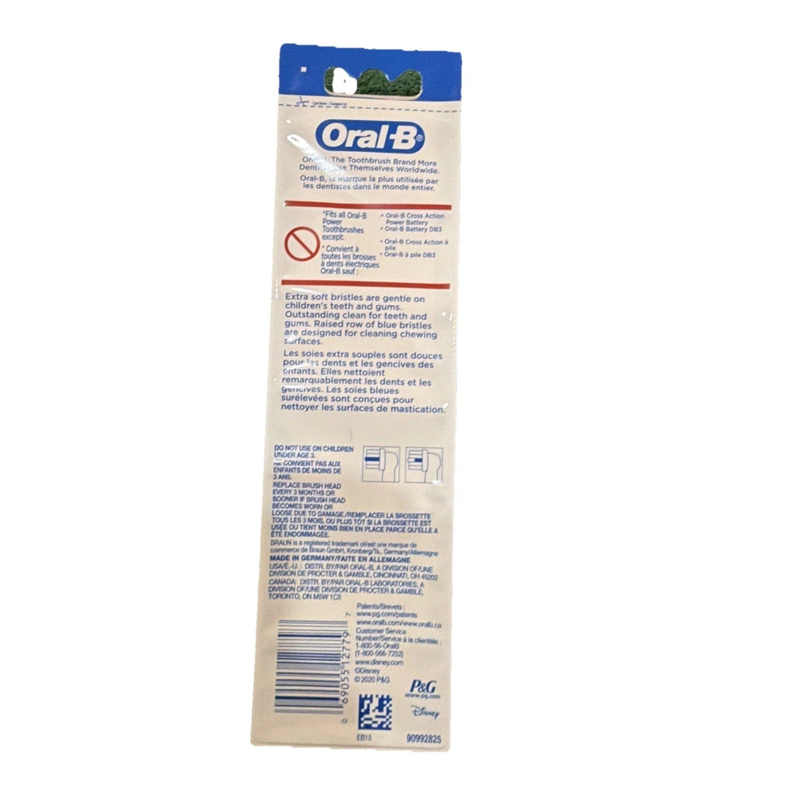 Back view of Oral-B toothbrush packaging showing usage warnings, instructions in English and French, a barcode, recycling symbols, and brand logos on a white background.
