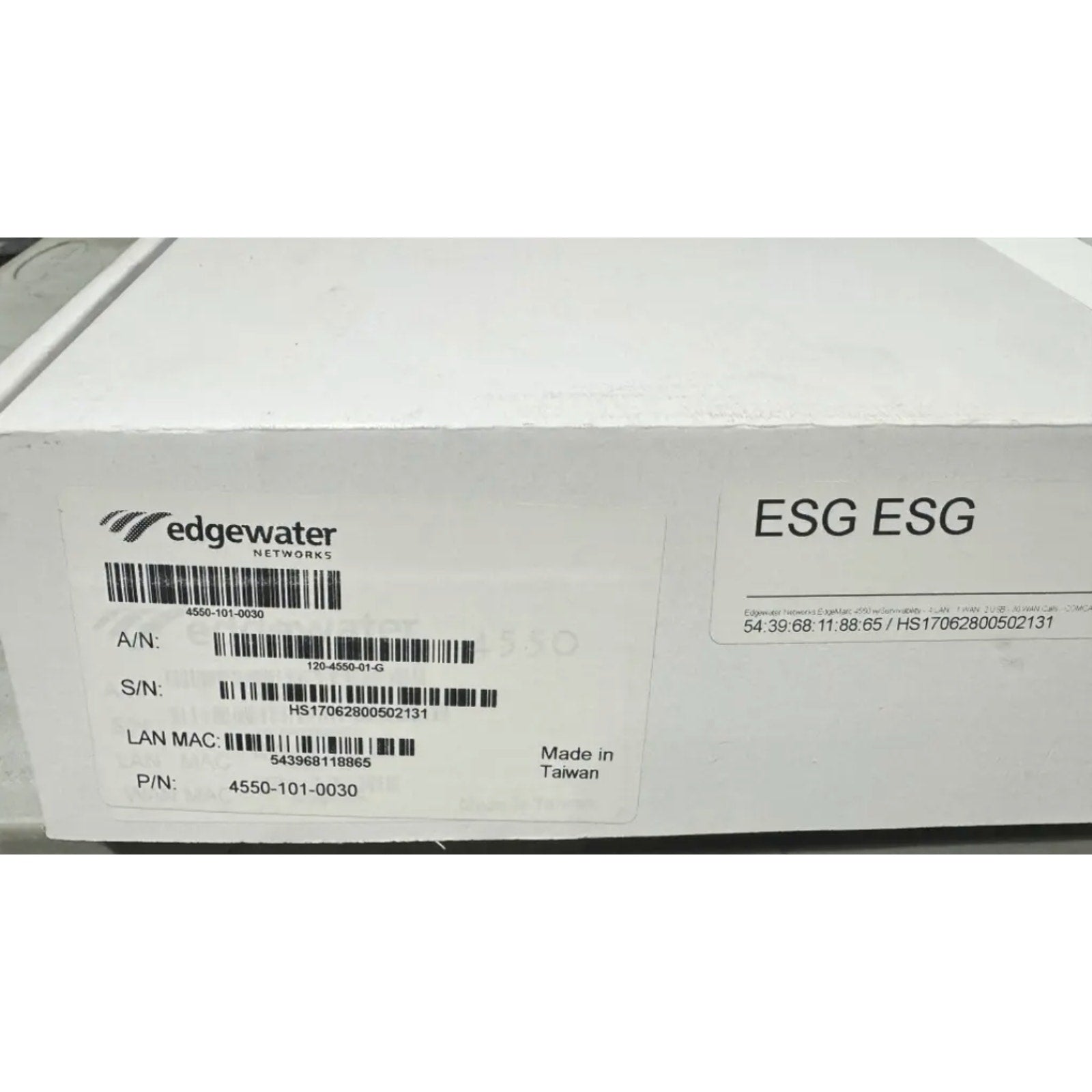 Edgewater Networks 4550 Series Gateway box label showing model, serial number, LAN MAC, and Taiwan origin details