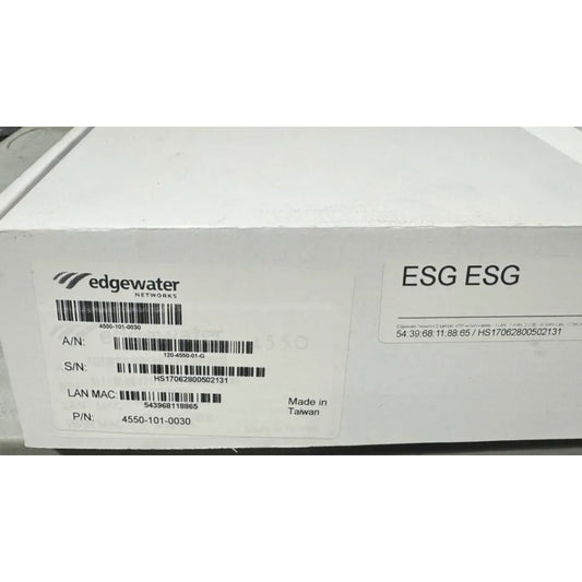 Edgewater Networks 4550 Series Gateway box label showing model, serial number, LAN MAC, and Taiwan origin details