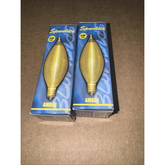 Two Bulbrite Spunlite 25W 130V amber lightbulbs in blue boxes with candelabra base visible on box front