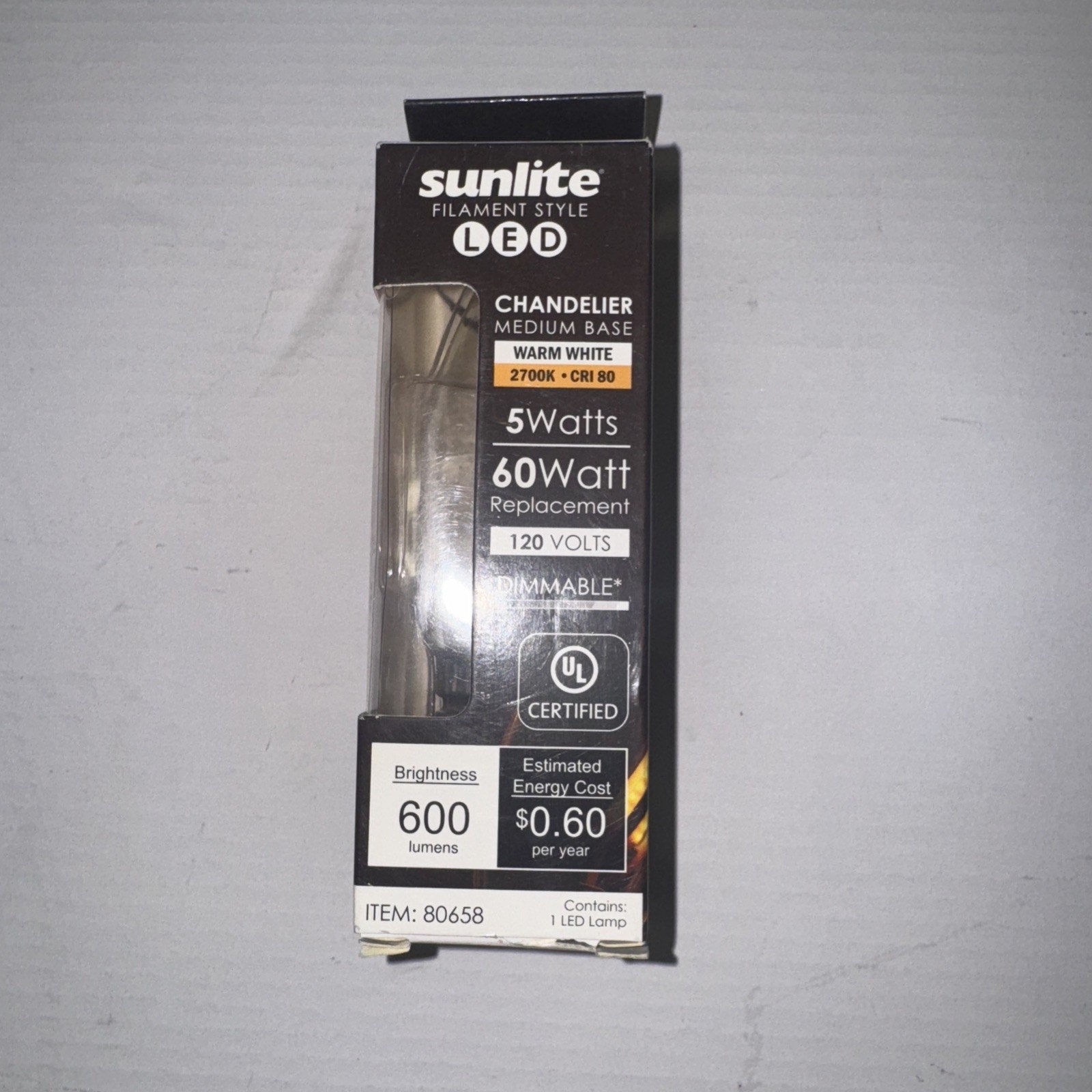 Sunlite LED chandelier bulb 5 watt 120 volts warm white 2700K 600 lumens dimmable medium base in box