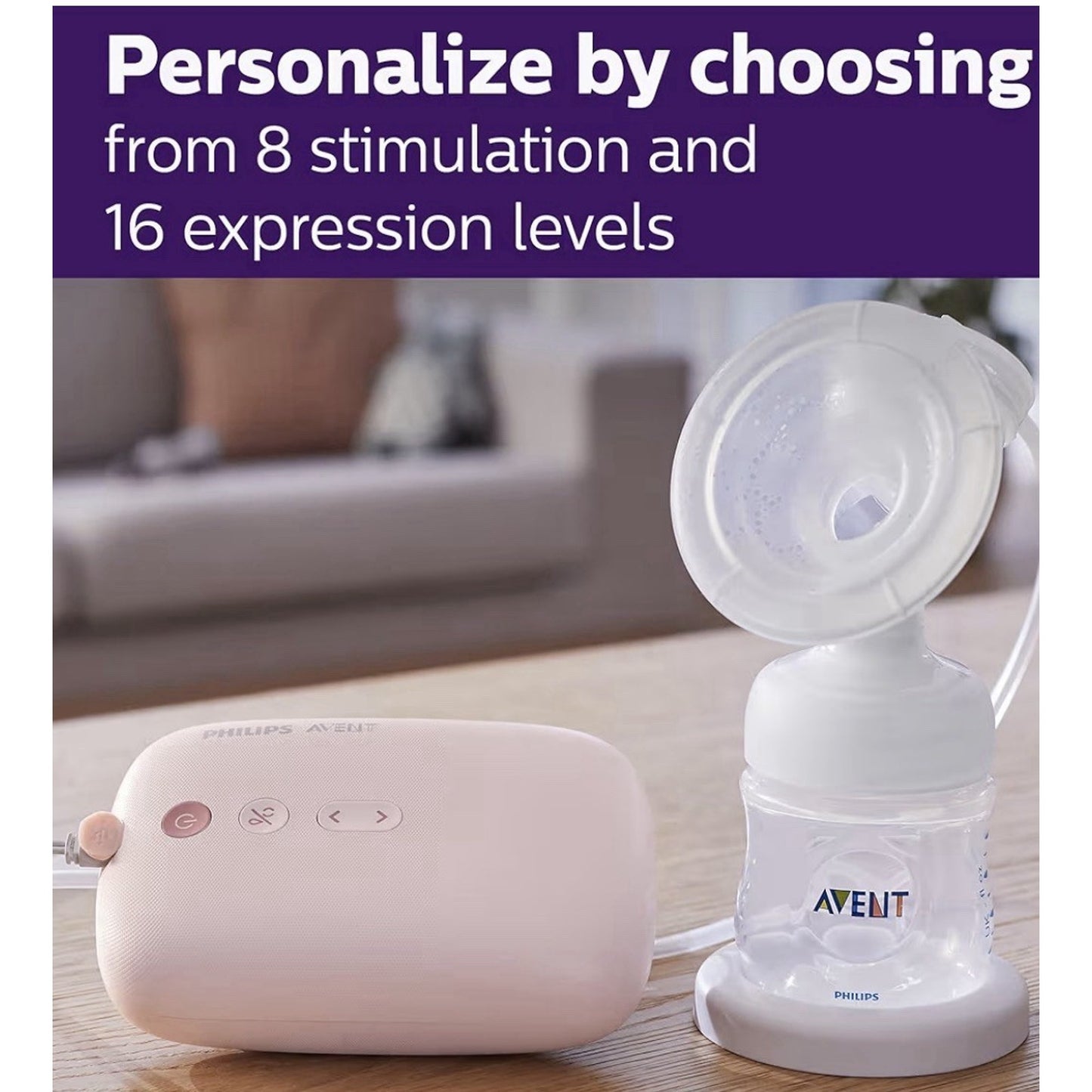 Electric breast pump set on a wooden surface with a pump motor unit and a clear plastic milk collection bottle labeled "AVENT," alongside text highlighting customizable stimulation and expression levels.