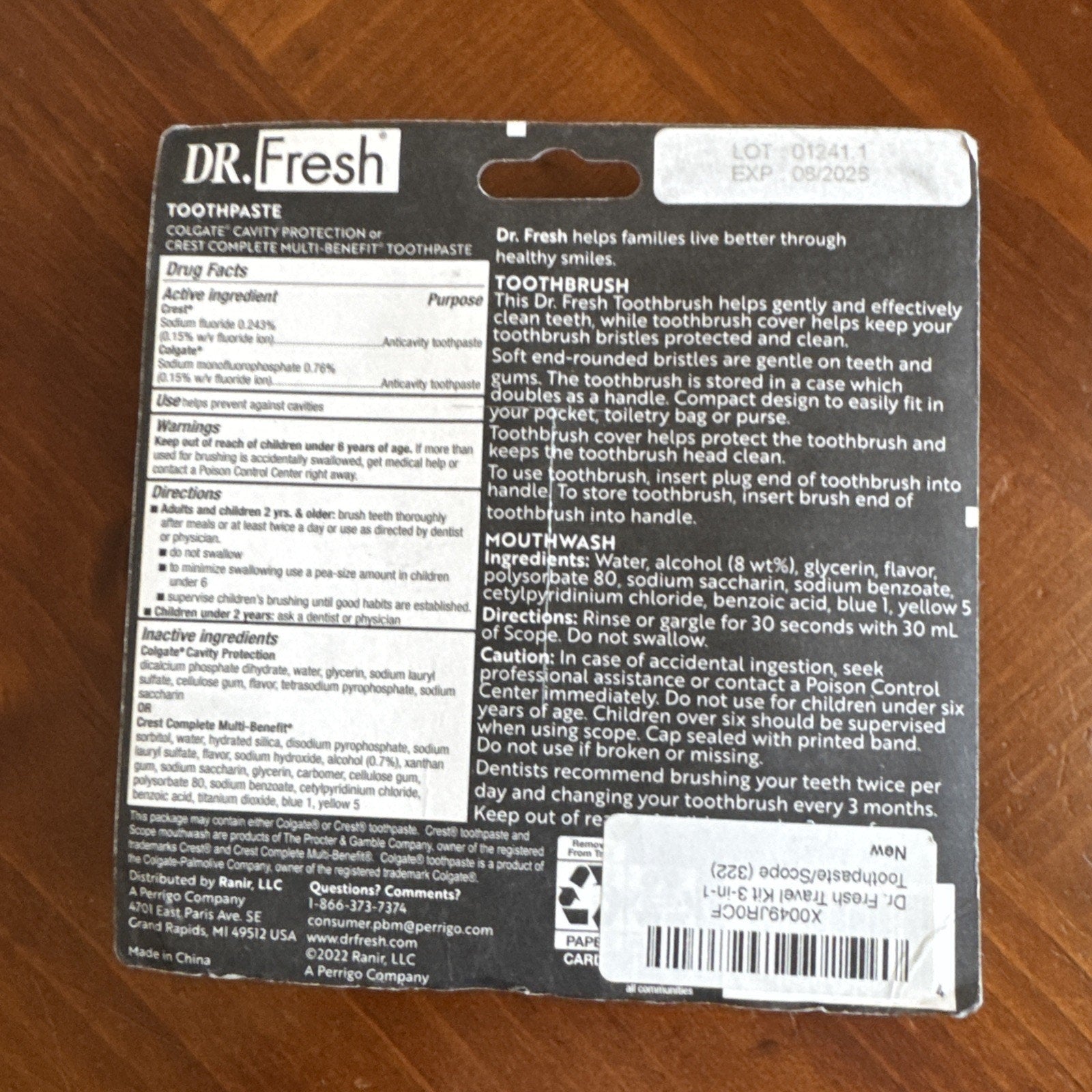 Dr. Fresh Travel Kit 3-in-1 toothpaste and Scope set with colorful packaging and detailed usage instructions on back