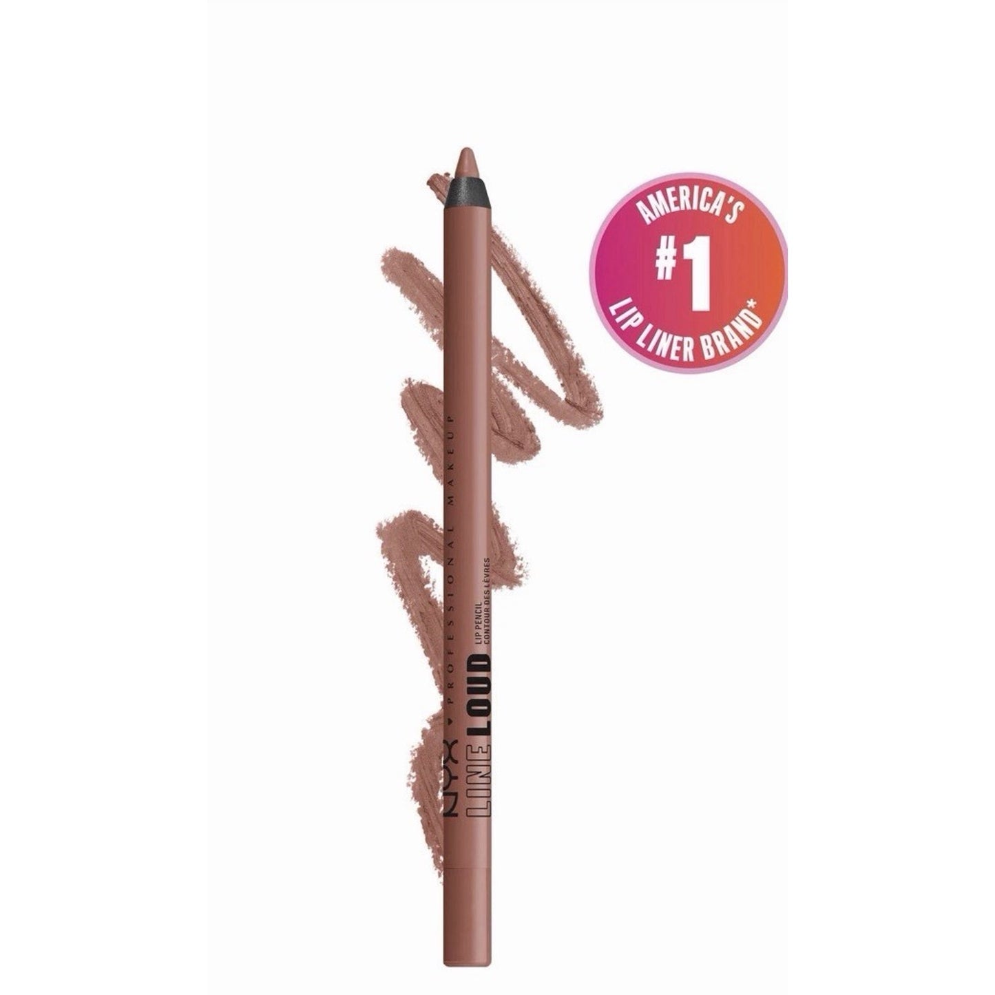 Brown lip liner pencil with a zigzag color swatch behind it on a white background, accompanied by a circular badge declaring it as America’s top lip liner brand.
