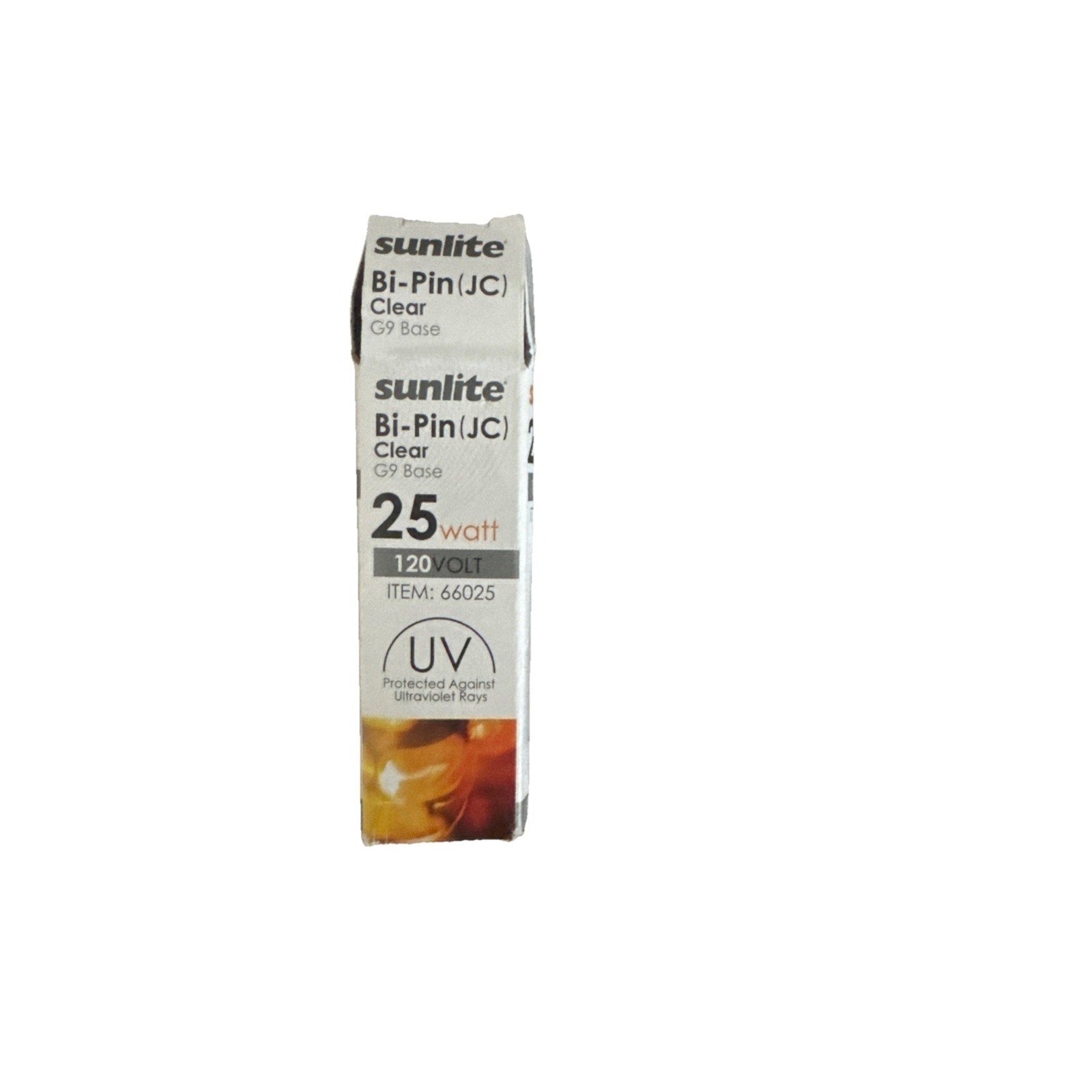 Sunlite Bi-Pin JC clear light bulb box with 25 watt and 120 volt label showing G9 base and UV protection icon