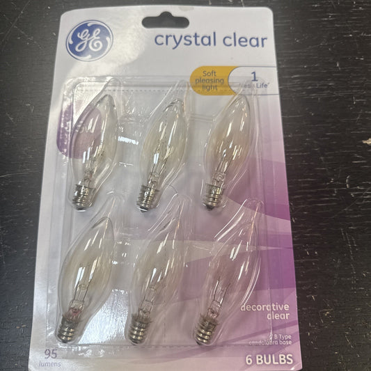 6-pack GE crystal clear soft white 15 watt decorative light bulbs with candle shape and E12 base in retail packaging