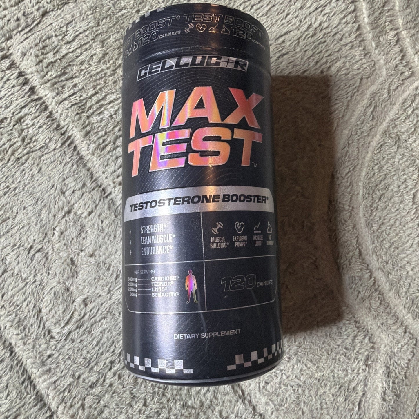 Cylindrical black container of Cellucor Max Test testosterone booster dietary supplement with 120 capsules, highlighting benefits for strength, lean muscle, endurance, and hormone support.