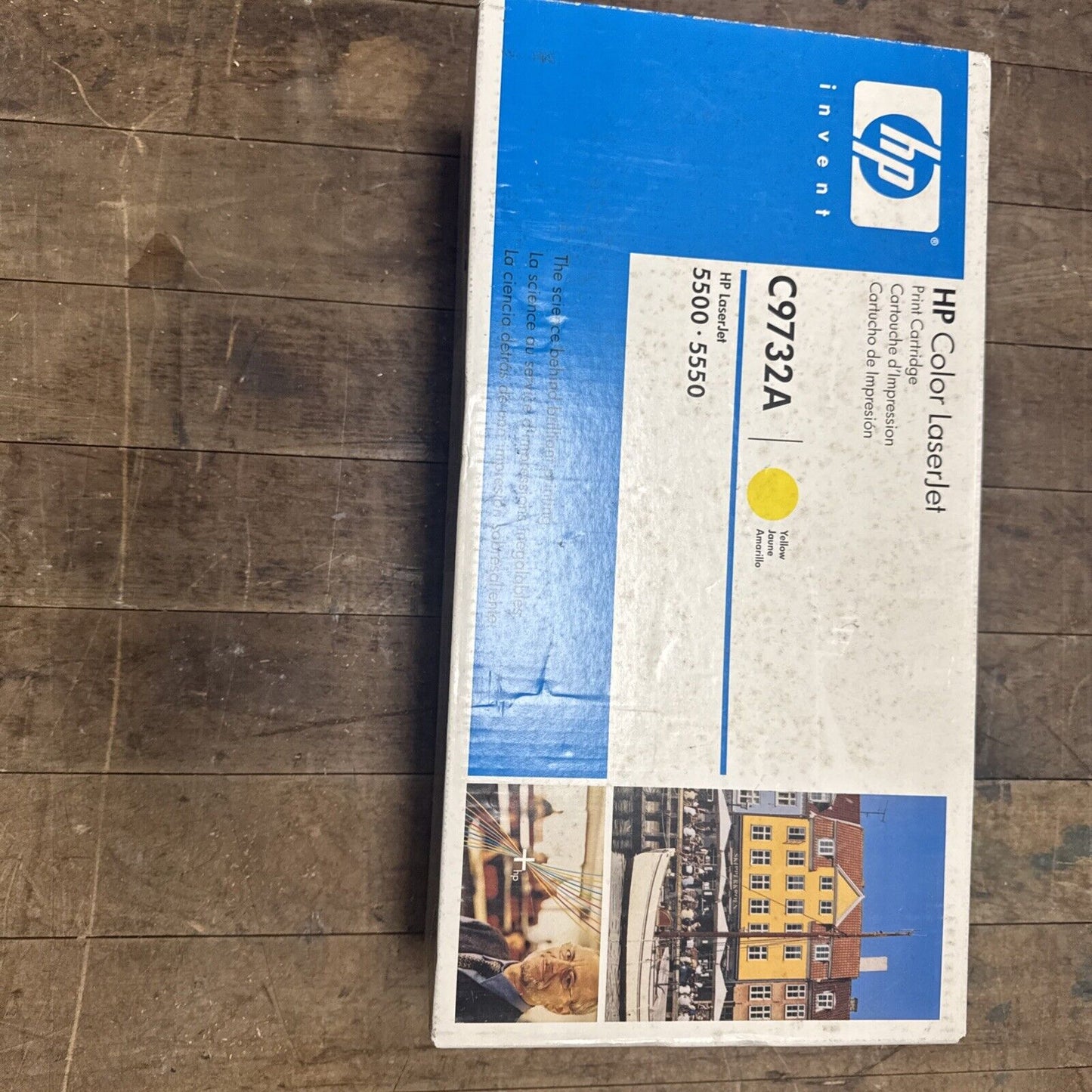 Sealed HP C9732A yellow print cartridge box for HP Color LaserJet models 5500 and 5550 printer series