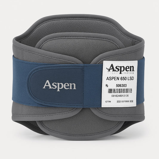 Gray and blue adjustable back brace with a fabric strap featuring the Aspen logo and a white medical label attached on a white background.