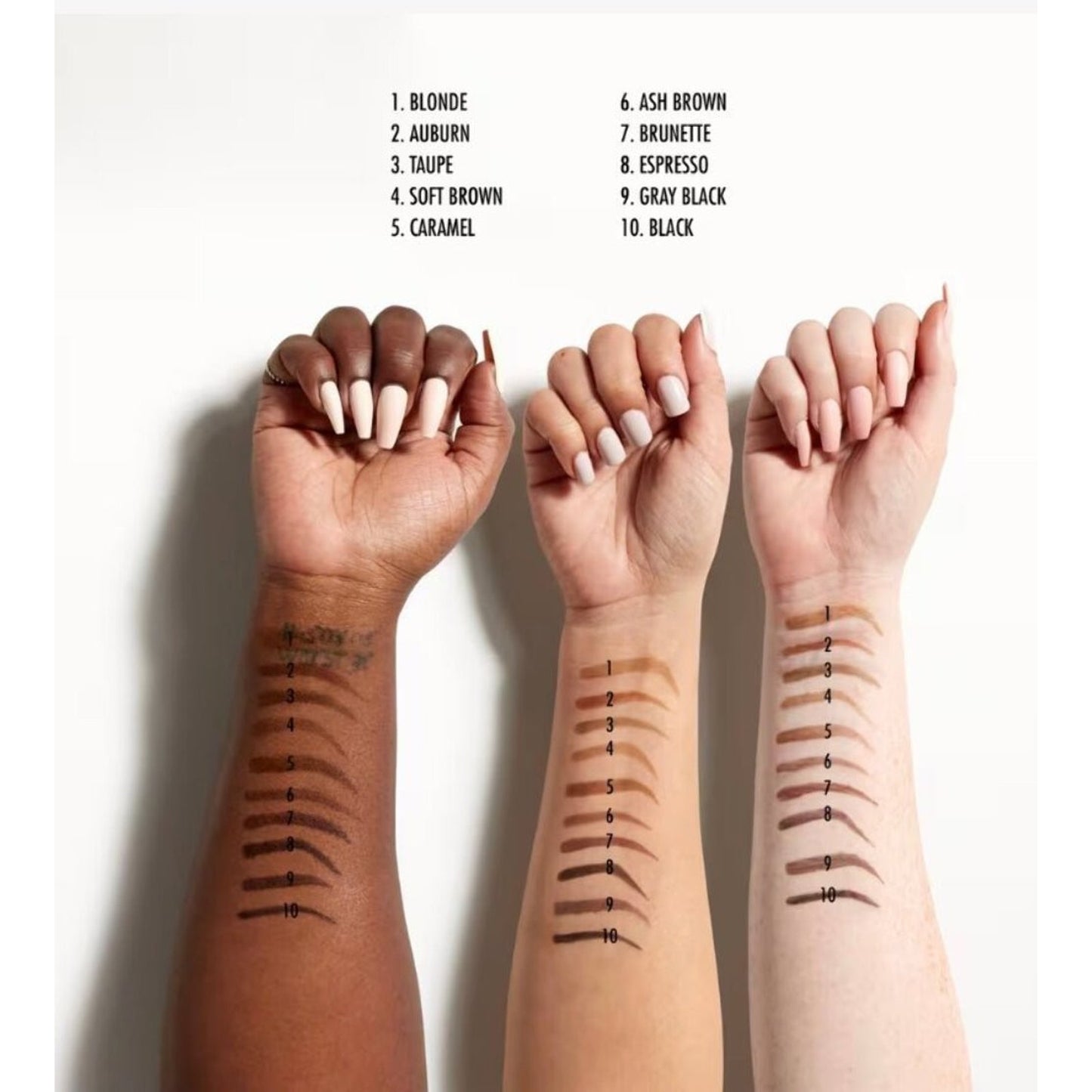 Three arms with neutral-toned eyebrow product swatches numbered 1 to 10 in shades from blonde to black, showing color variations on dark, medium, and light skin tones.
