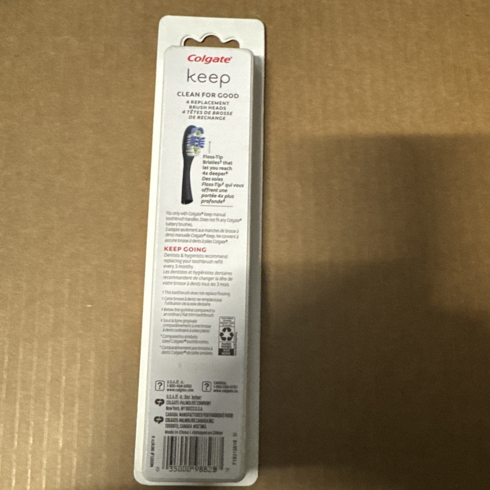 4-pack Colgate Keep toothbrush refill heads in white packaging showing product details and barcode on back